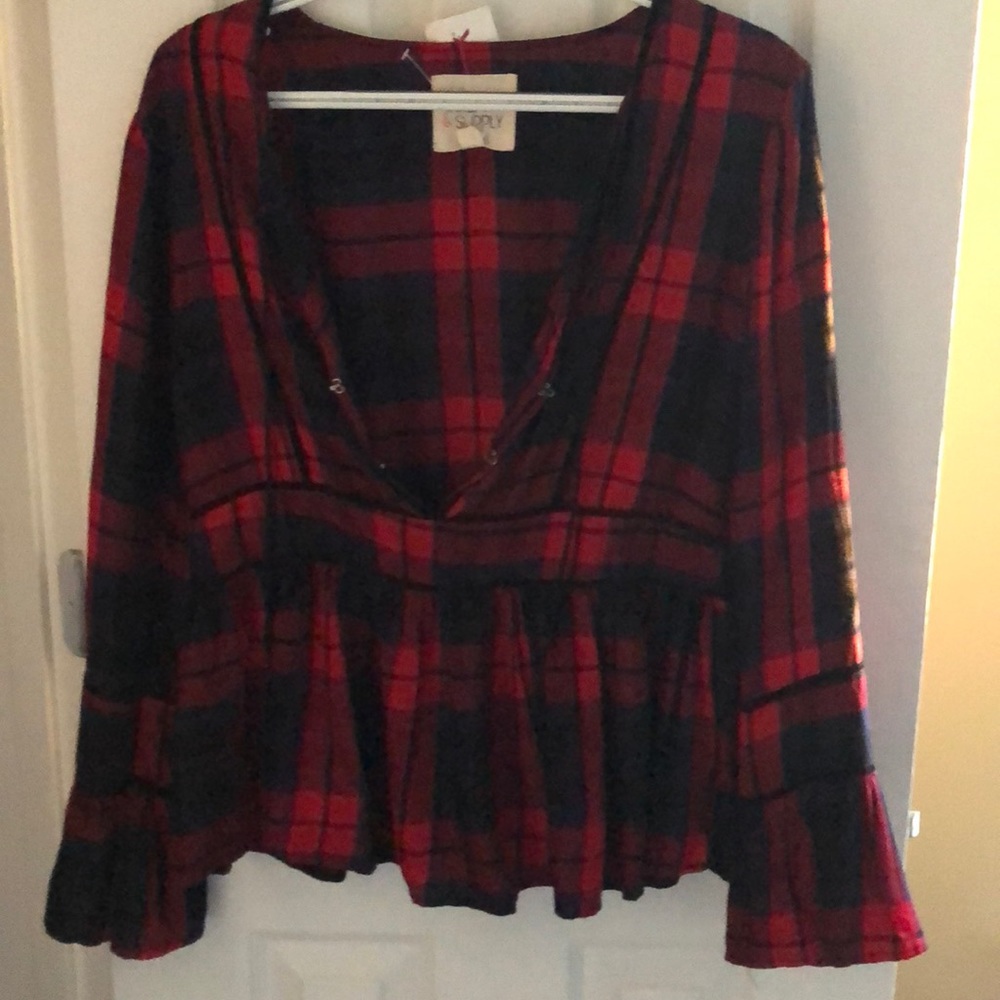 Peplum lightweight plaid top with bell sleeves